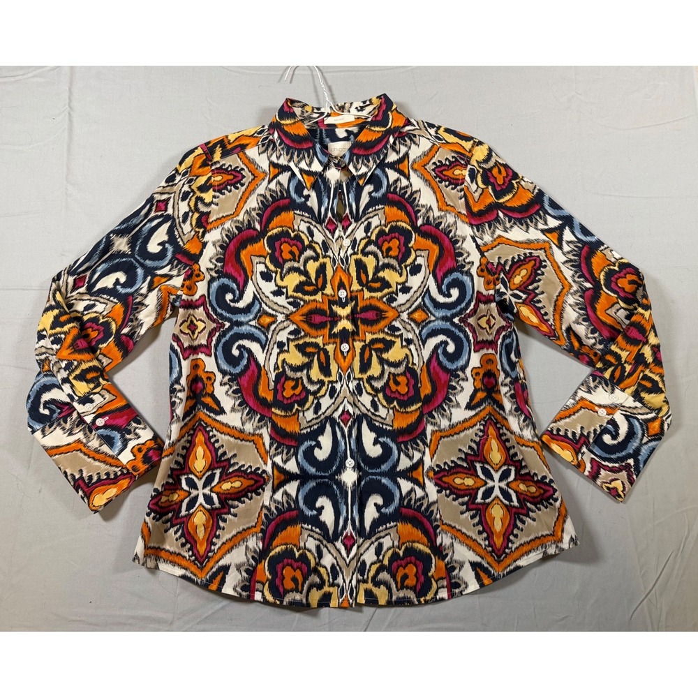 Chicos No-Iron Cotton Button Down Shirt Ikat Medallion Print Multi-Color Size 1